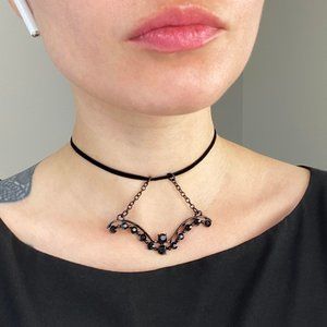 Quirky goth necklace, black velvet choker necklace with charm
